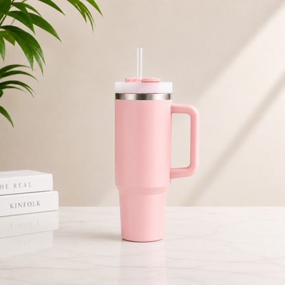 Stainless Steel Insulated Travel Tumbler with Handle & Straw (40z) RANDOM CLR