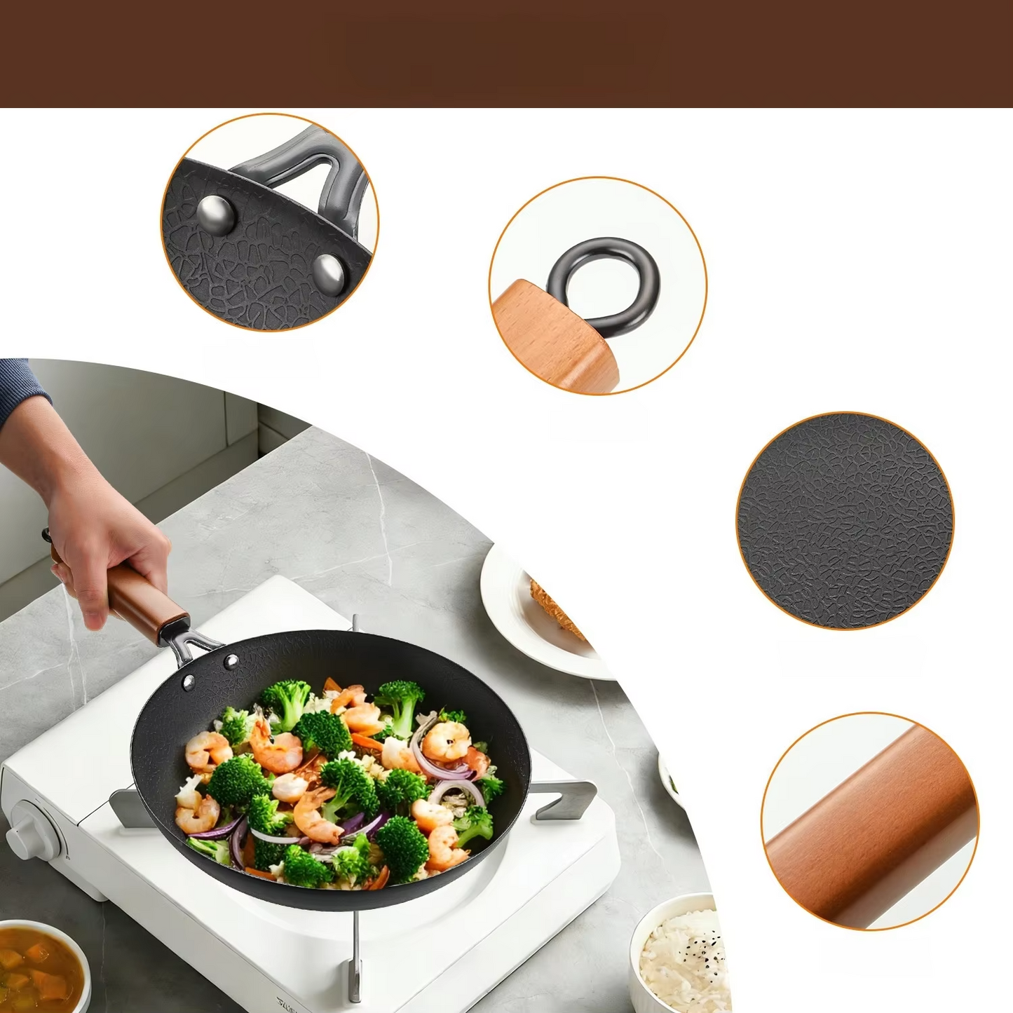 Stainless Steel Non-Stick Frying Pan - Flat Bottom Skillet, Wooden Handle
