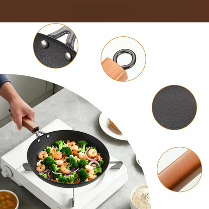 Stainless Steel Non-Stick Frying Pan - Flat Bottom Skillet, Wooden Handle