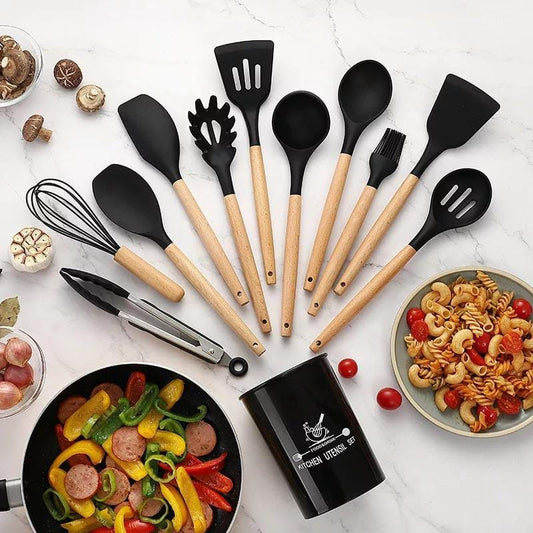 12 pcs set Wooden Handle Silicone Kitchen Non Stick ( random color )