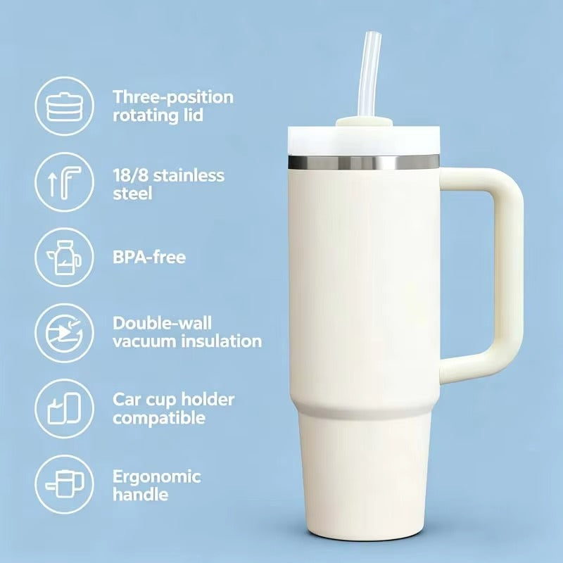 Stainless Steel Insulated Travel Tumbler with Handle & Straw (40z) RANDOM CLR