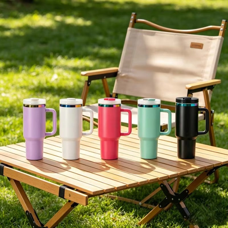 Stainless Steel Insulated Travel Tumbler with Handle & Straw (40z) RANDOM CLR