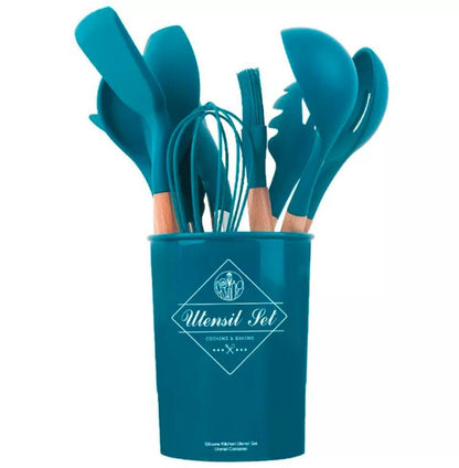 12 pcs set Wooden Handle Silicone Kitchen Non Stick ( random color )