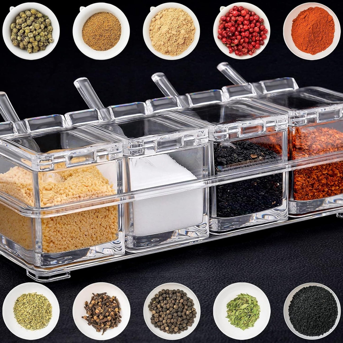 Crystal 4-Compartment Spice Storage Box with Spoons