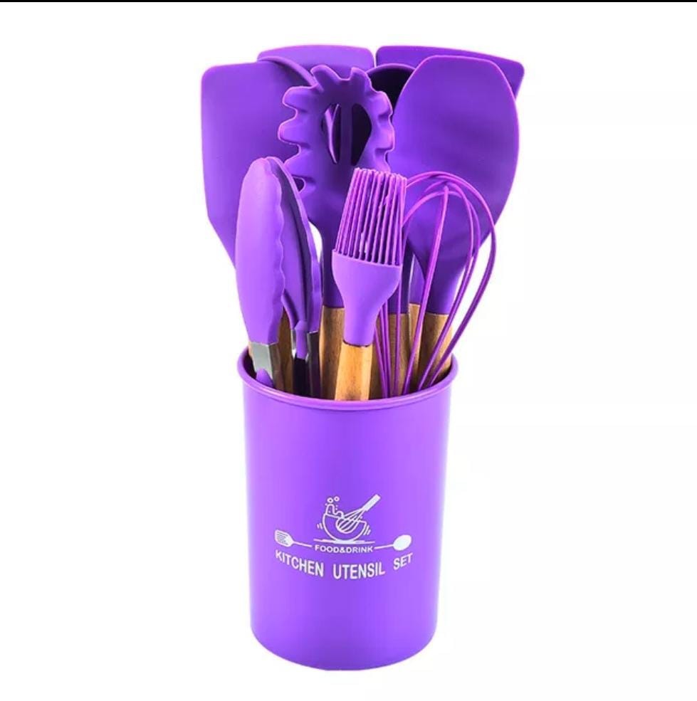 12 pcs set Wooden Handle Silicone Kitchen Non Stick ( random color )