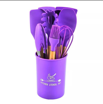 12 pcs set Wooden Handle Silicone Kitchen Non Stick ( random color )