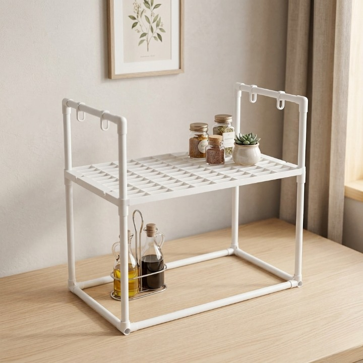 Microwave Oven Storage Rack 2 Space-Saving Carbon Steel Shelf Utensils |