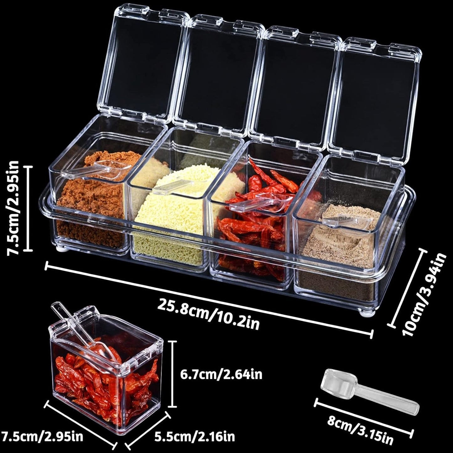 Crystal 4-Compartment Spice Storage Box with Spoons