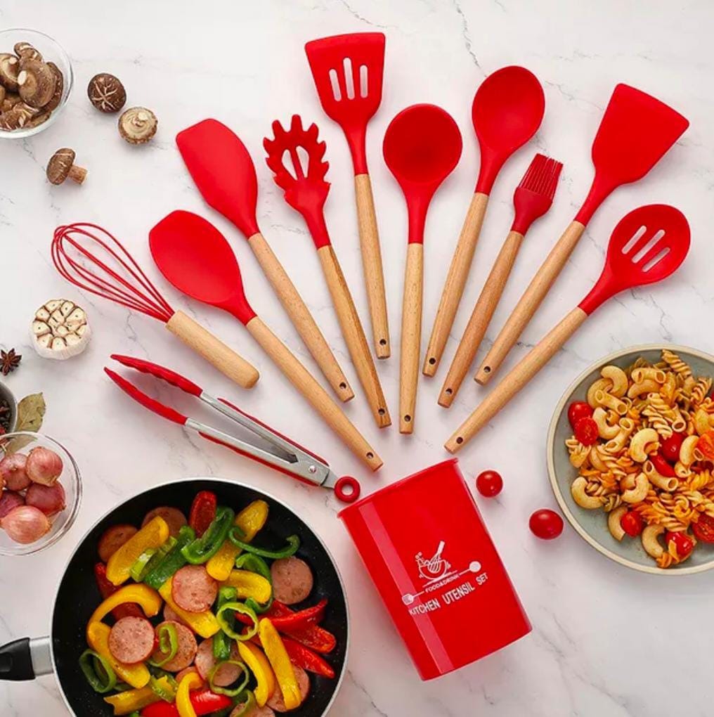 12 pcs set Wooden Handle Silicone Kitchen Non Stick ( random color )