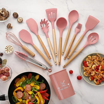 12 pcs set Wooden Handle Silicone Kitchen Non Stick ( random color )