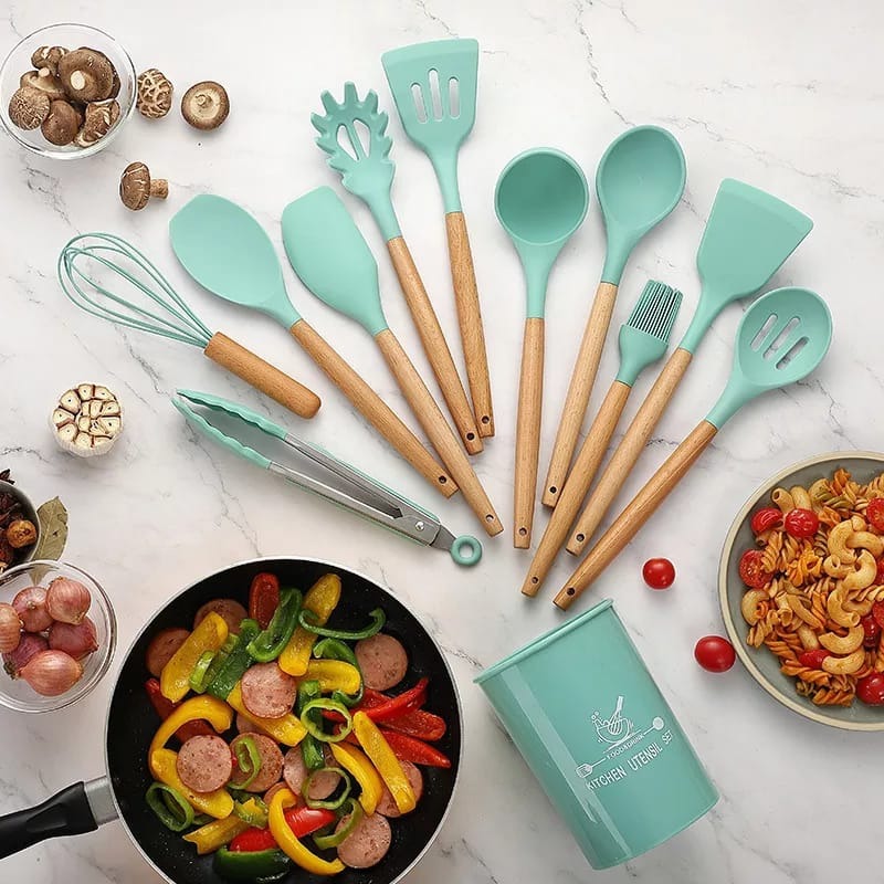 12 pcs set Wooden Handle Silicone Kitchen Non Stick ( random color )