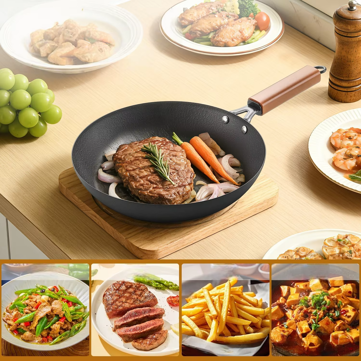 Stainless Steel Non-Stick Frying Pan - Flat Bottom Skillet, Wooden Handle
